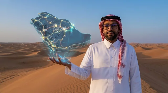 Saudi Man Holding Holographic Saudi Map in Desert Dunes