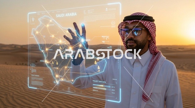 رجل أعمال سعودي مع خريطة هولوغرام رقمية في الصحراء