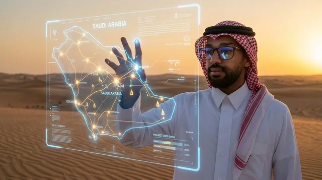 رجل أعمال سعودي مع خريطة هولوغرام رقمية في الصحراء