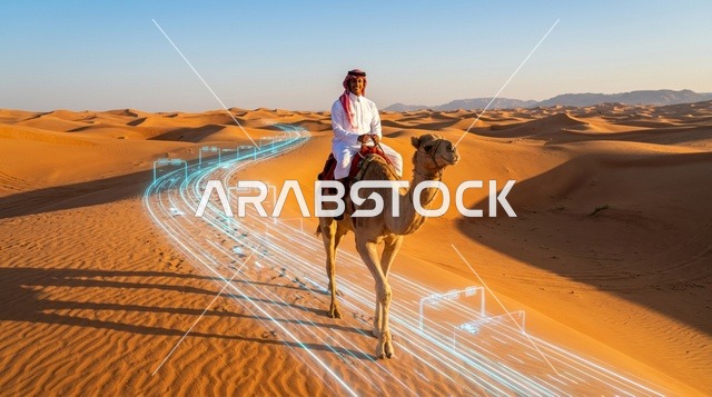 رجل عربي يركب الجمل مع هولوغرام رقمي في الصحراء عند الغروب