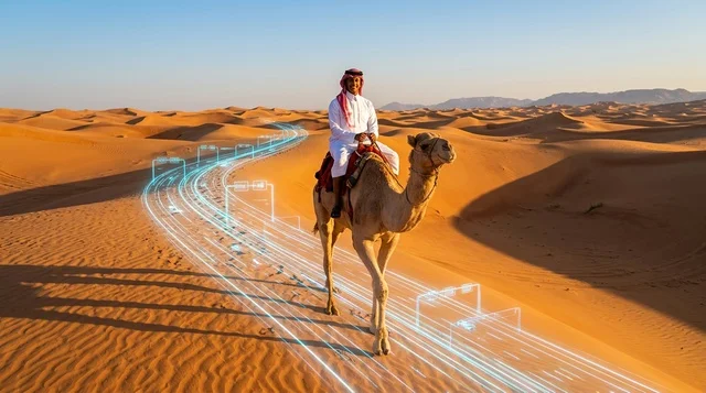 رجل عربي يركب الجمل مع هولوغرام رقمي في الصحراء عند الغروب