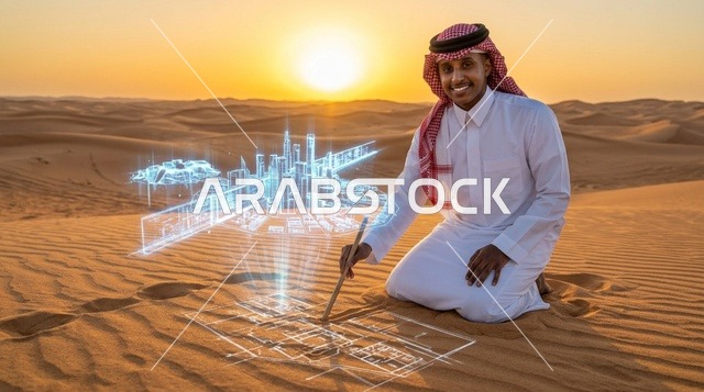 رجل سعودي يرسم مجسم هولوجرام مدينة نيوم في الصحراء