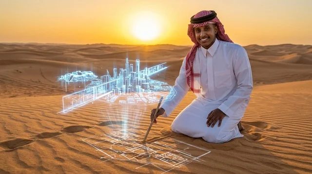 رجل سعودي يرسم مجسم هولوجرام مدينة نيوم في الصحراء