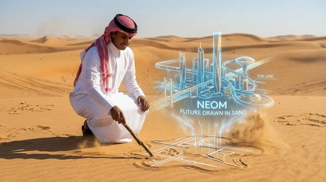 رجل سعودي يرسم مجسم هولوجرام مدينة نيوم في الصحراء