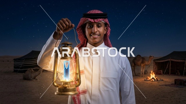 رجل سعودي يرتدي شماغ ويمسك فانوساً في مخيم صحراوي ليلاً