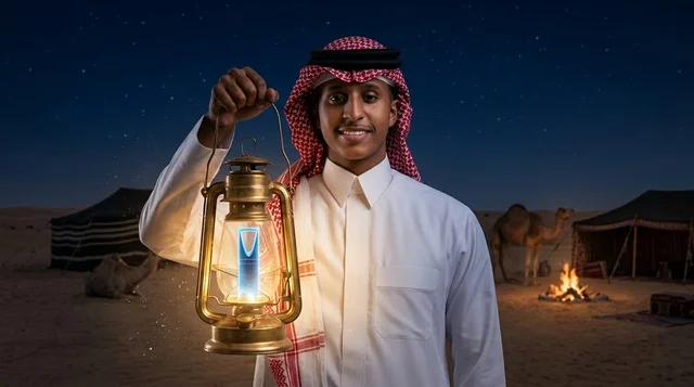 رجل سعودي يرتدي شماغ ويمسك فانوساً في مخيم صحراوي ليلاً