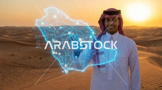 رجل سعودي مع خريطة هولوغرام في الصحراء وقت الغروب