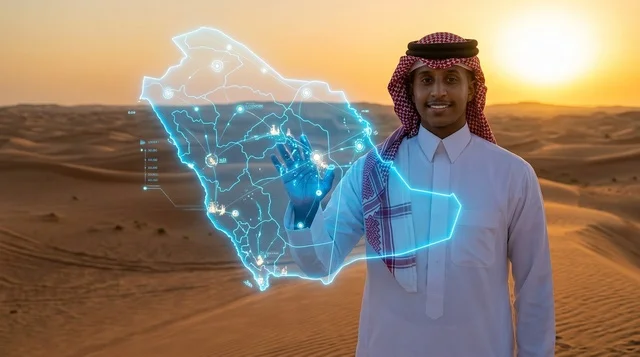 رجل سعودي مع خريطة هولوغرام في الصحراء وقت الغروب