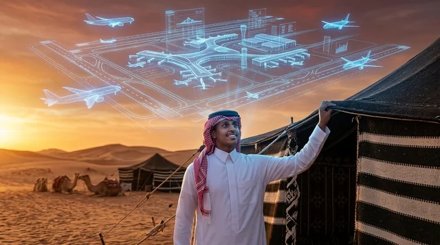 رجل سعودي ينظر إلى هولوغرام الرياض المستقبلي بالصحراء