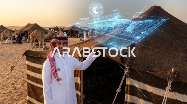 رجل سعودي ينظر إلى هولوغرام الرياض المستقبلي بالصحراء
