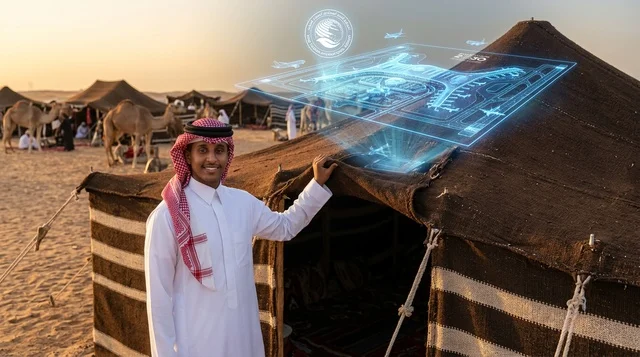 رجل سعودي ينظر إلى هولوغرام الرياض المستقبلي بالصحراء