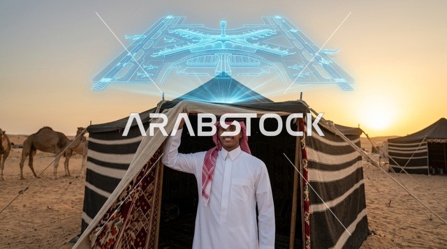 رجل سعودي ينظر إلى هولوغرام الرياض المستقبلي بالصحراء