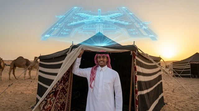 رجل سعودي ينظر إلى هولوغرام الرياض المستقبلي بالصحراء