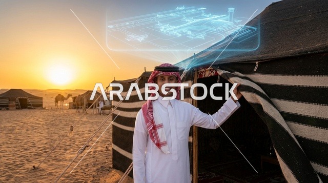 رجل سعودي ينظر إلى هولوغرام الرياض المستقبلي بالصحراء