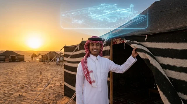 رجل سعودي ينظر إلى هولوغرام الرياض المستقبلي بالصحراء