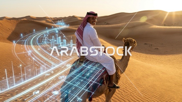 رجل عربي يركب الجمل مع هولوغرام رقمي في الصحراء عند الغروب