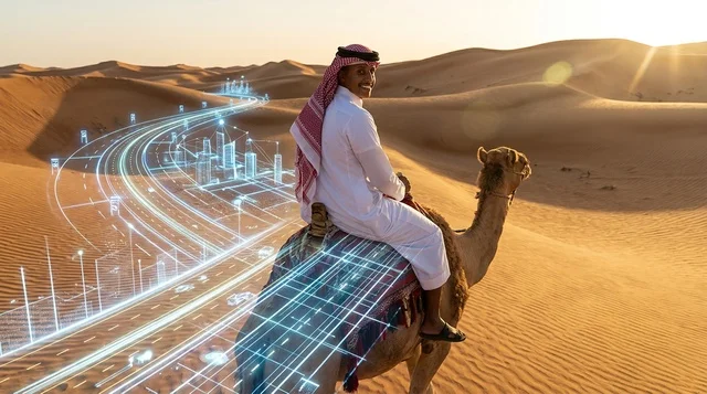 رجل عربي يركب الجمل مع هولوغرام رقمي في الصحراء عند الغروب