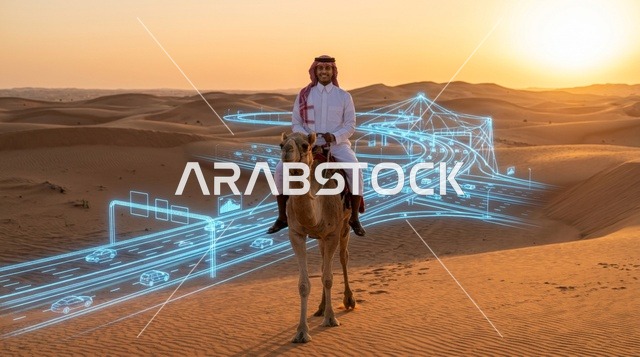 رجل عربي يركب الجمل مع هولوغرام رقمي في الصحراء عند الغروب