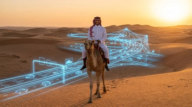 رجل عربي يركب الجمل مع هولوغرام رقمي في الصحراء عند الغروب