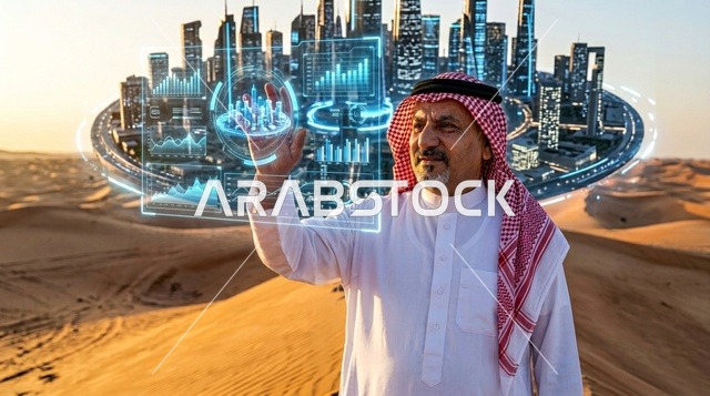 رجل سعودي ينظر إلى هولوغرام الرياض المستقبلي بالصحراء