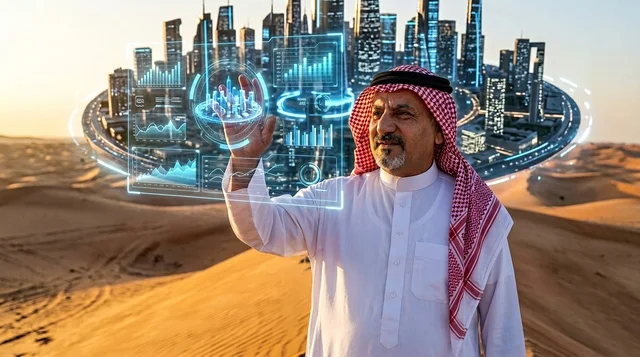 رجل سعودي ينظر إلى هولوغرام الرياض المستقبلي بالصحراء