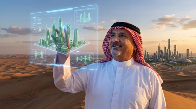 رجل عربي يتفاعل مع هولوغرام لمدينة مستقبلية في الصحراء