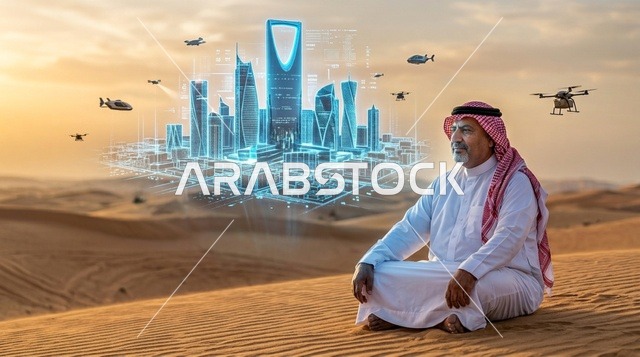 رجل سعودي ينظر إلى هولوغرام الرياض المستقبلي بالصحراء