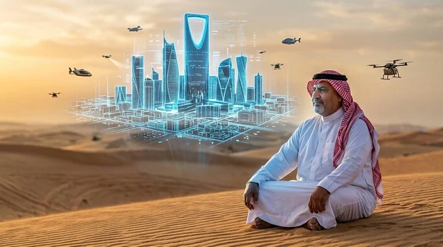 رجل سعودي ينظر إلى هولوغرام الرياض المستقبلي بالصحراء