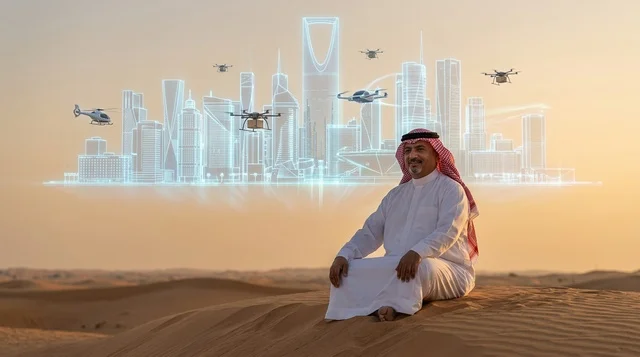 رجل سعودي ينظر إلى هولوغرام الرياض المستقبلي بالصحراء