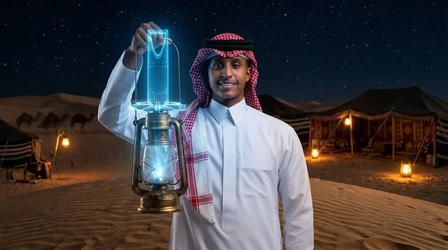رجل سعودي في مخيم صحراوي ليلي يحمل فانوس هولوغرام مضيء
