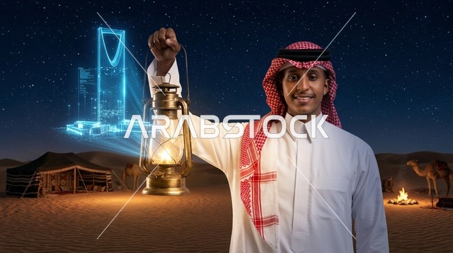 رجل سعودي في الصحراء يحمل فانوساً وهولوغرام برج المملكة
