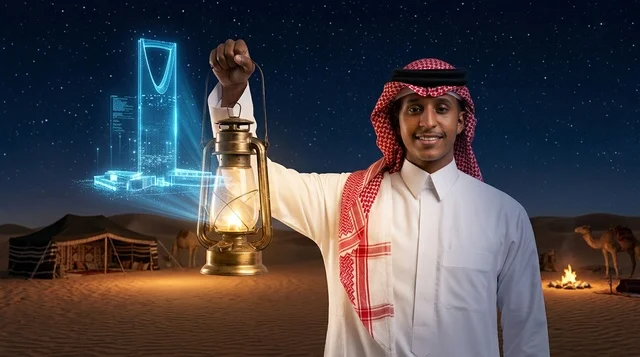 رجل سعودي في الصحراء يحمل فانوساً وهولوغرام برج المملكة