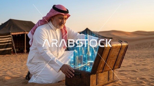 رجل سعودي مع هولوجرام لمدينة المستقبل في الصحراء