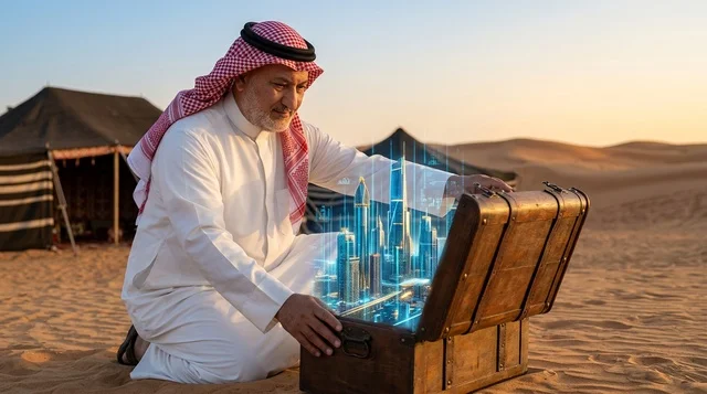 رجل سعودي مع هولوجرام لمدينة المستقبل في الصحراء