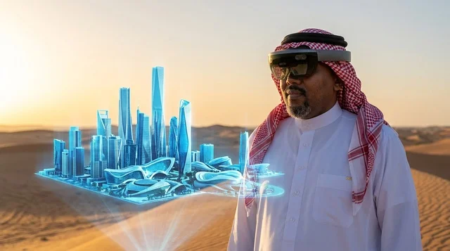 رجل سعودي يشاهد هولوغرام لمدينة مستقبلية في الصحراء