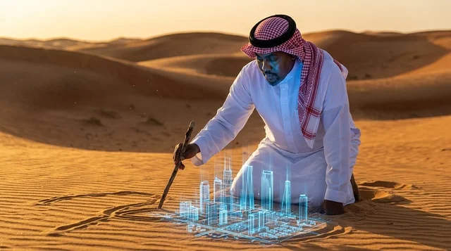رجل عربي مع مجسم هولوغرام لمدينة في الصحراء