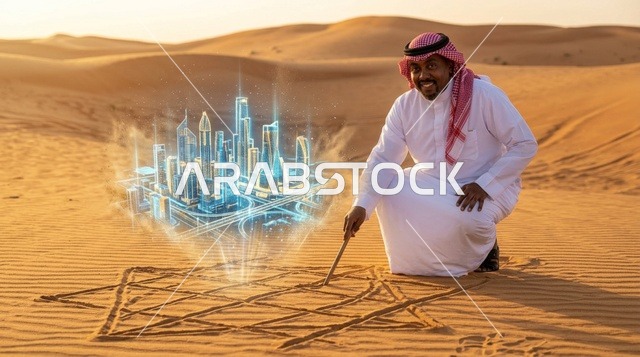 رجل سعودي في الصحراء مع هولوغرام لمدينة المستقبل
