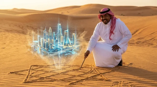رجل سعودي في الصحراء مع هولوغرام لمدينة المستقبل