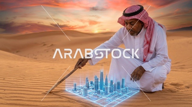 رجل عربي في الصحراء مع مجسم هولوغرام لمدينة مستقبلية