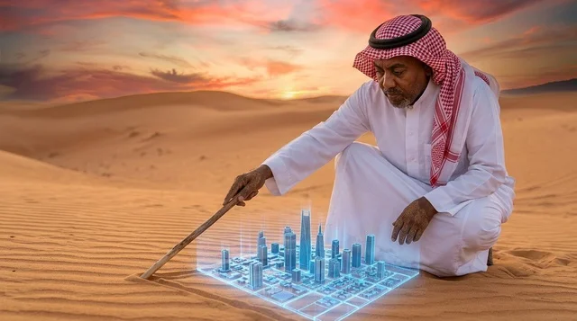 رجل عربي في الصحراء مع مجسم هولوغرام لمدينة مستقبلية