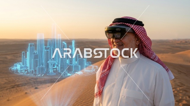 رجل سعودي يرتدي نظارة واقع معزز يستعرض مدينة ذكية