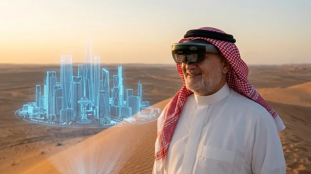 رجل سعودي يرتدي نظارة واقع معزز يستعرض مدينة ذكية