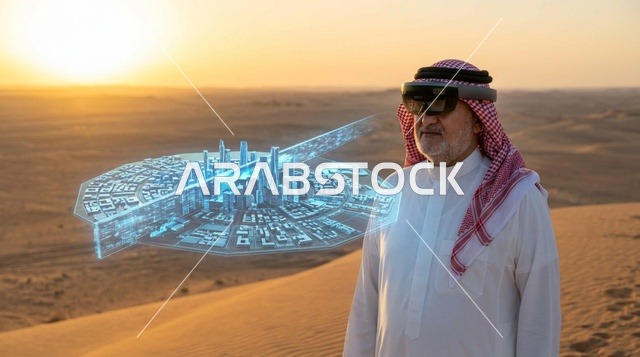 رجل سعودي بنظارة واقع افتراضي ومجسم مدينة ذكية