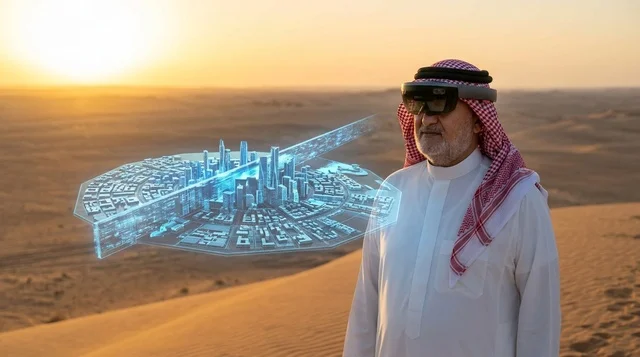 رجل سعودي بنظارة واقع افتراضي ومجسم مدينة ذكية