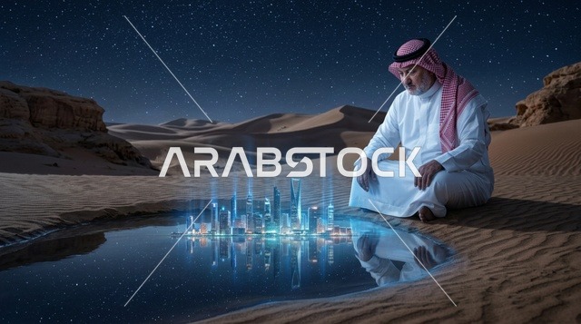 رجل سعودي يتأمل مدينة مستقبلية هولوجرام في الصحراء