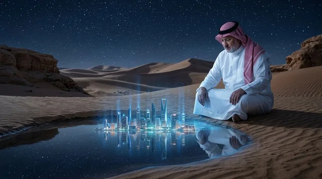 رجل سعودي يتأمل مدينة مستقبلية هولوجرام في الصحراء