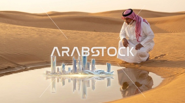 رجل سعودي ينظر إلى مجسم مستقبل أبراج الرياض بالصحراء