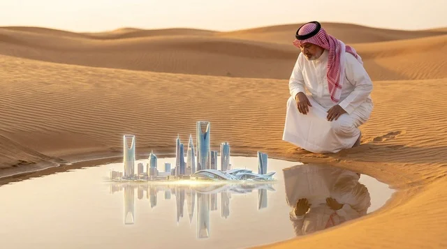 رجل سعودي ينظر إلى مجسم مستقبل أبراج الرياض بالصحراء