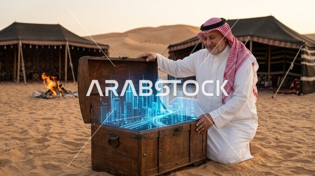 رجل عربي يعرض هولوجرام لمدينة مستقبلية في الصحراء