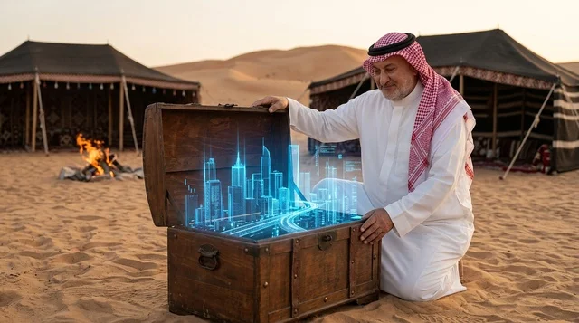 رجل عربي يعرض هولوجرام لمدينة مستقبلية في الصحراء